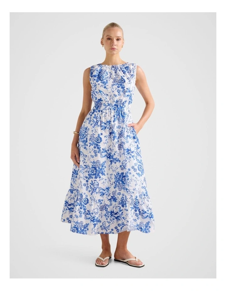 Bella Shirred Cotton Midi Dress in Multi image 1
