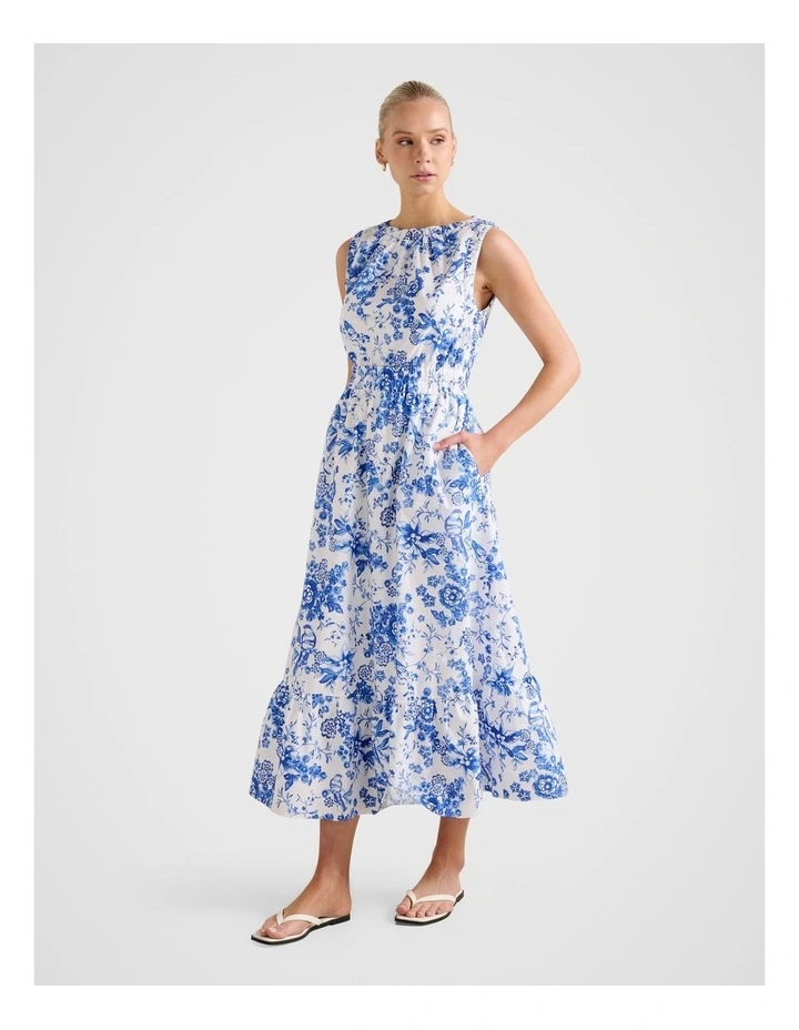 Bella Shirred Cotton Midi Dress in Multi image 3