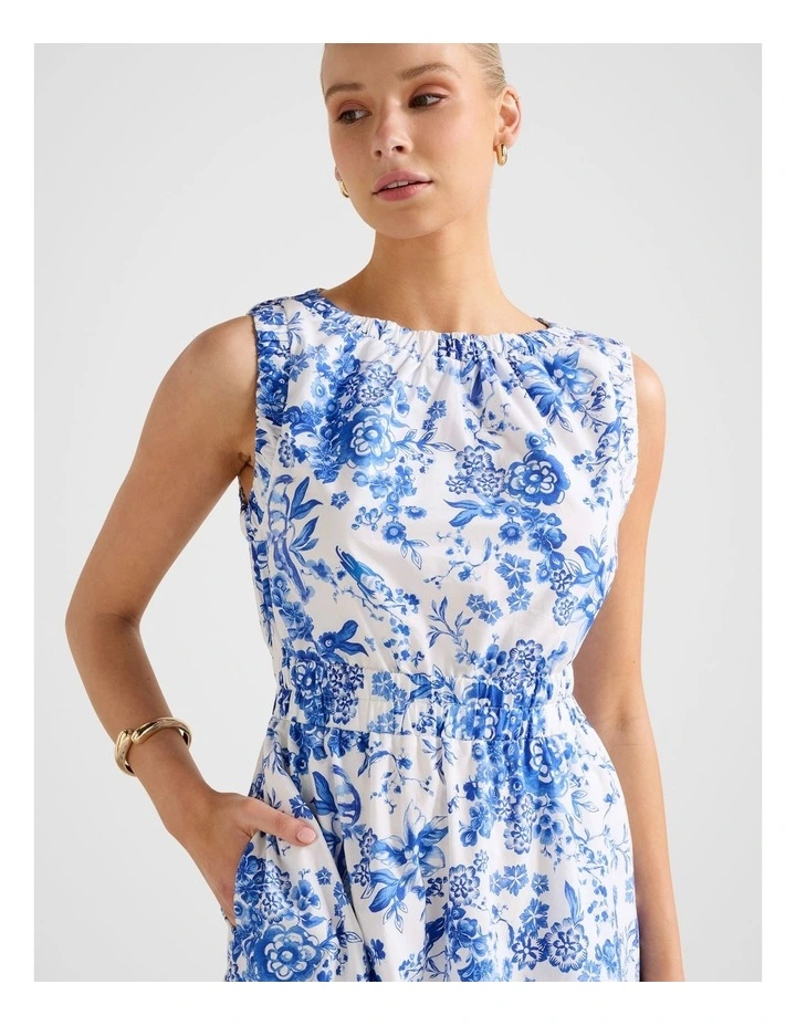 Bella Shirred Cotton Midi Dress in Multi image 4