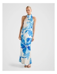Clementine High Neck Satin Maxi Dress in Blue