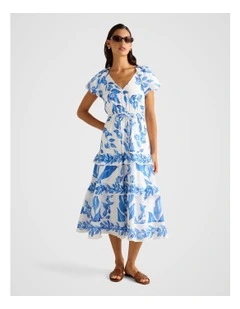 Iris Tiered Ruffle Midi Dress in Blue