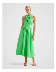 Miller Pleated Halter Neck Midi Dress in Green