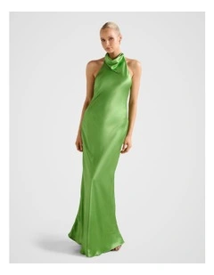 Clementine High Neck Satin Maxi Dress in Green