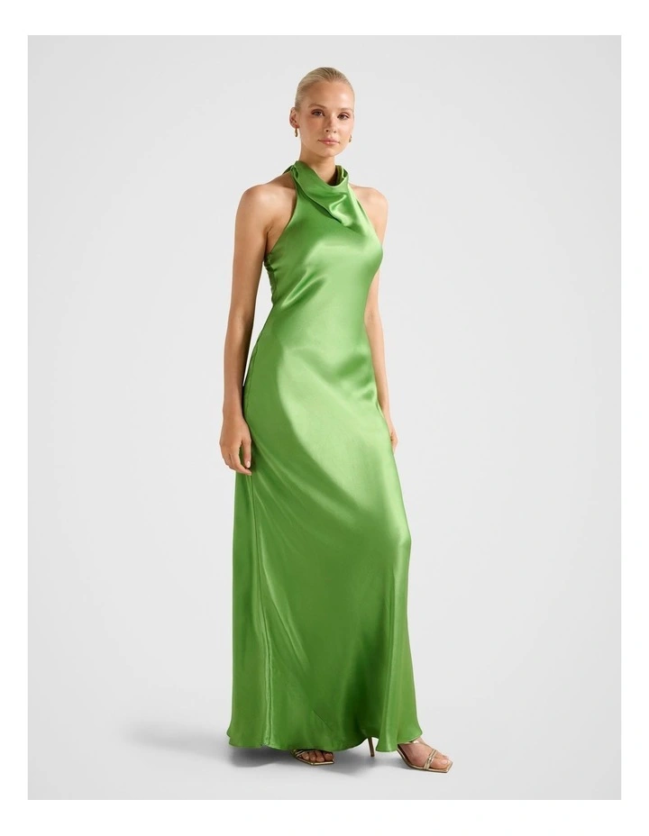 Clementine High Neck Satin Maxi Dress in Green image 3