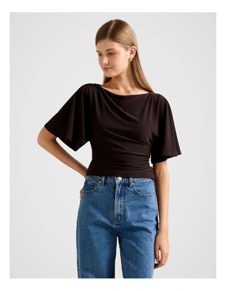 Paige Flutter Sleeves Tie Back Top in Brown image 1