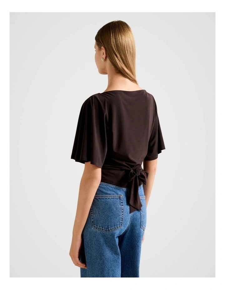 Paige Flutter Sleeves Tie Back Top in Brown image 2