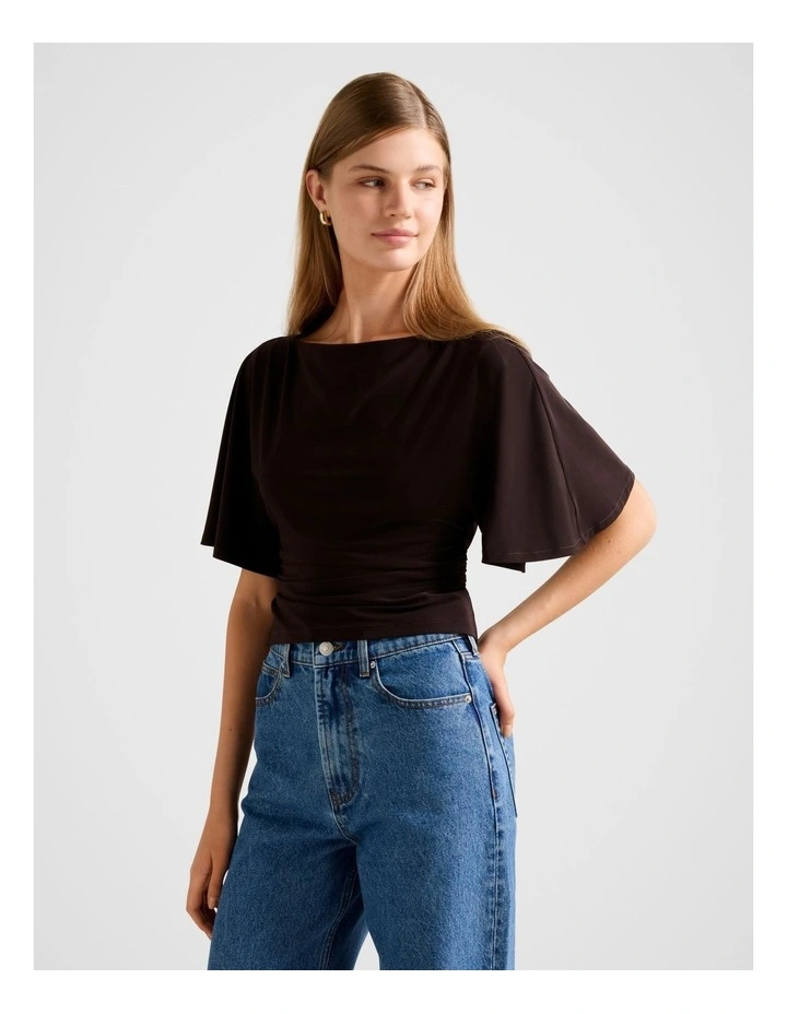 Paige Flutter Sleeves Tie Back Top in Brown image 3