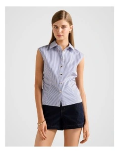 Nova Ruched Stripe Collared Top in Blue