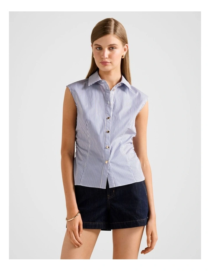 Nova Ruched Stripe Collared Top in Blue image 1