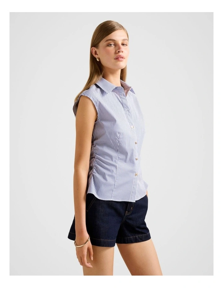 Nova Ruched Stripe Collared Top in Blue image 3