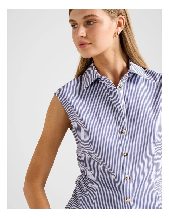 Nova Ruched Stripe Collared Top in Blue image 4