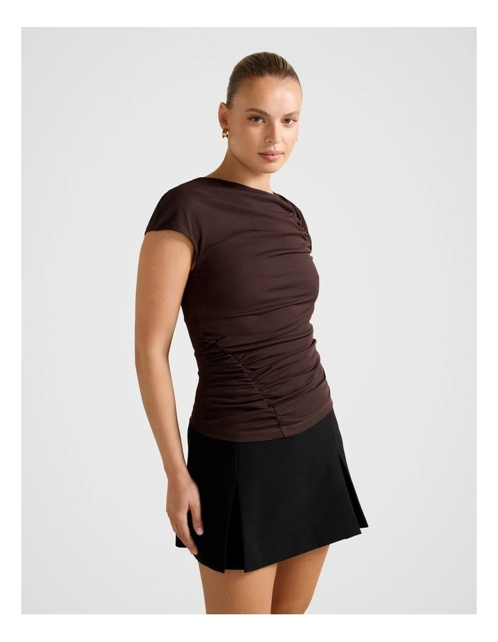 Jessica Gathered Mesh T-shirt in Brown image 3