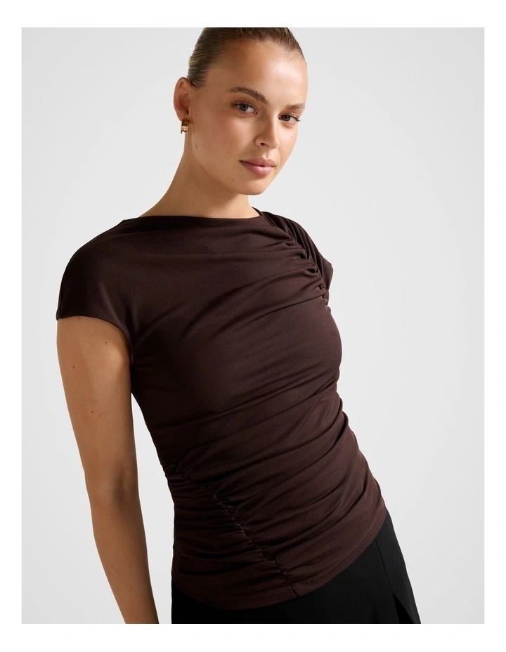 Jessica Gathered Mesh T-shirt in Brown image 4