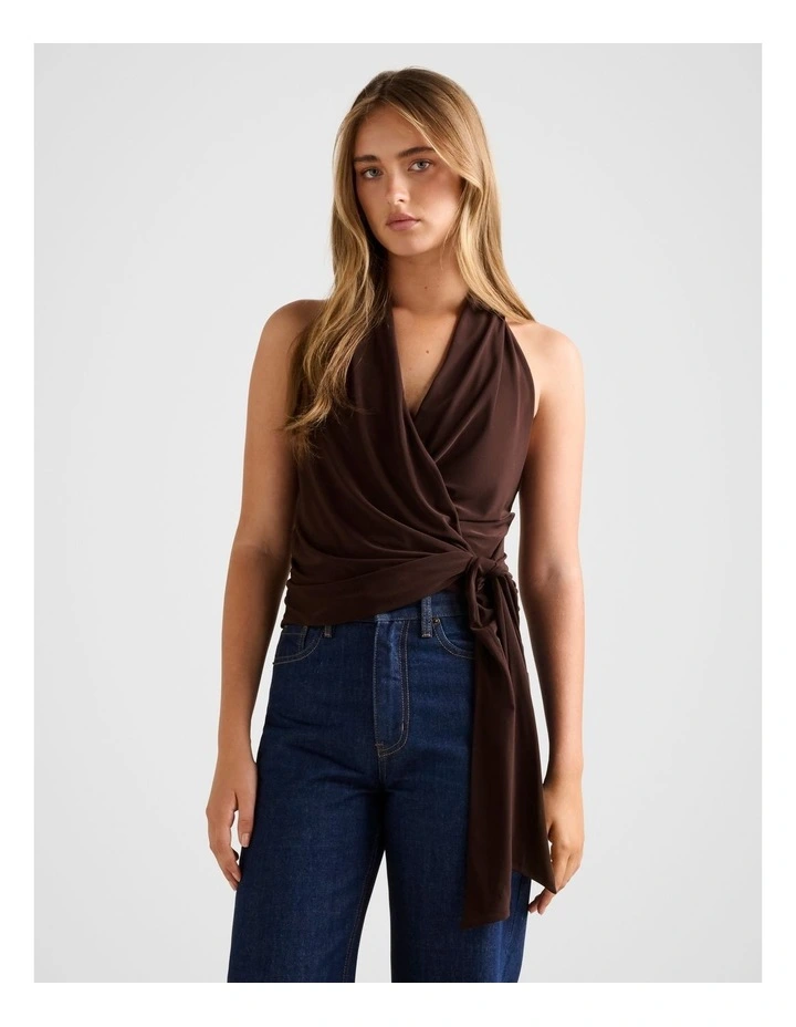 Gianna Wrap Halter Neck Top in Chocolate image 1