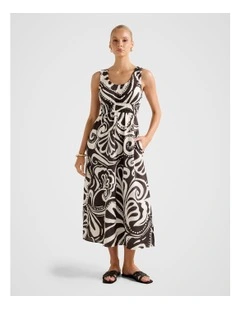 April Gathered Linen Midi Dress in Multi