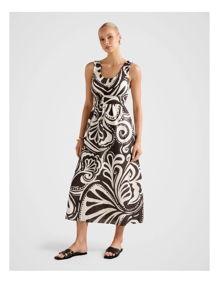 April Gathered Linen Midi Dress in Multi image 3