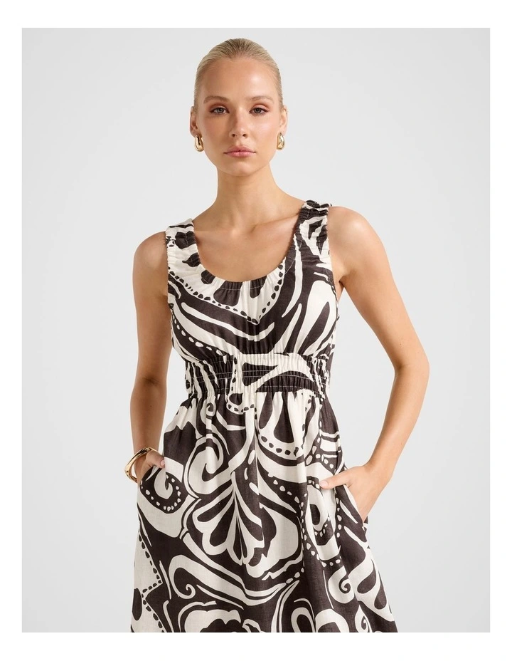 April Gathered Linen Midi Dress in Multi image 4