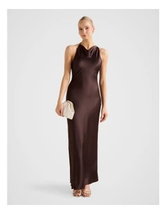 Aria Satin Backless Maxi Dress in Brown