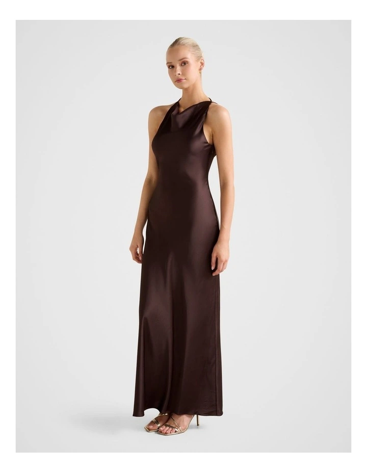 Aria Satin Backless Maxi Dress in Brown image 3