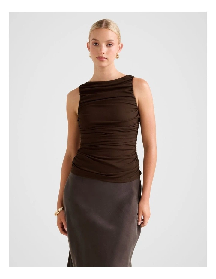 Pippa Ruched Boat Neck Top in Brown image 1
