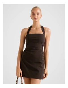 Imogen Stretch Cotton Halter Neck Mini Dress in Brown