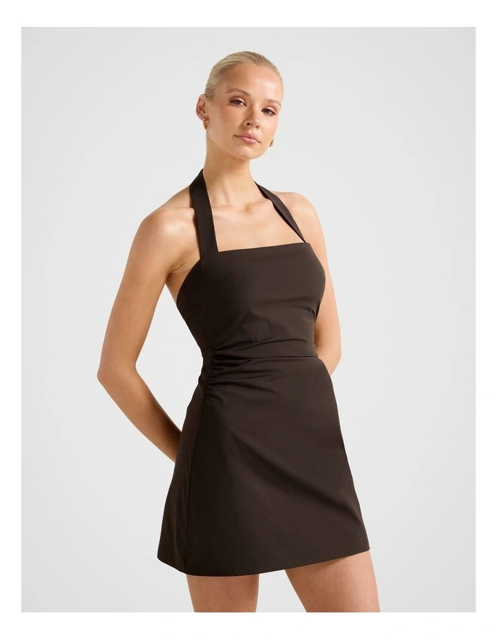 Imogen Stretch Cotton Halter Neck Mini Dress in Brown image 3