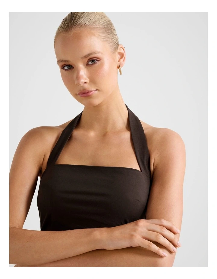 Imogen Stretch Cotton Halter Neck Mini Dress in Brown image 4