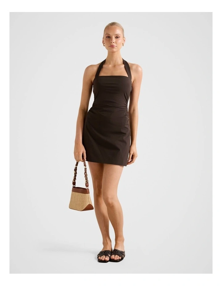 Imogen Stretch Cotton Halter Neck Mini Dress in Brown image 5
