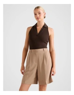Clover Collared Halter Neck Top in Brown