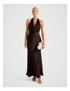 Becca Cowl Halter Neck Satin Gown in Brown