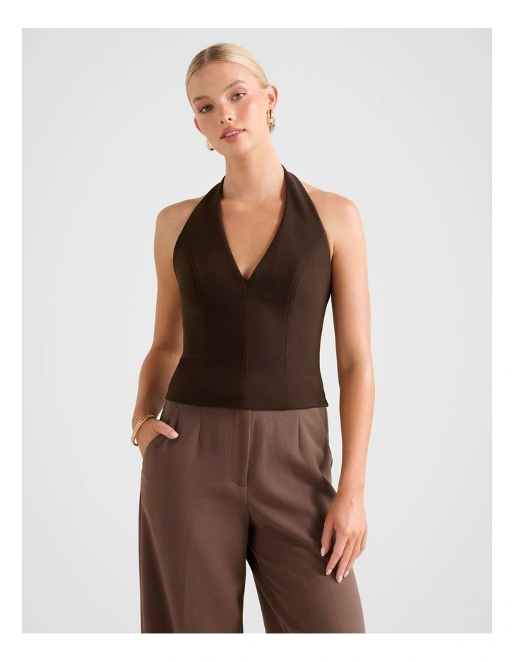 Elena Halter Neck Stitch Top in Brown image 1