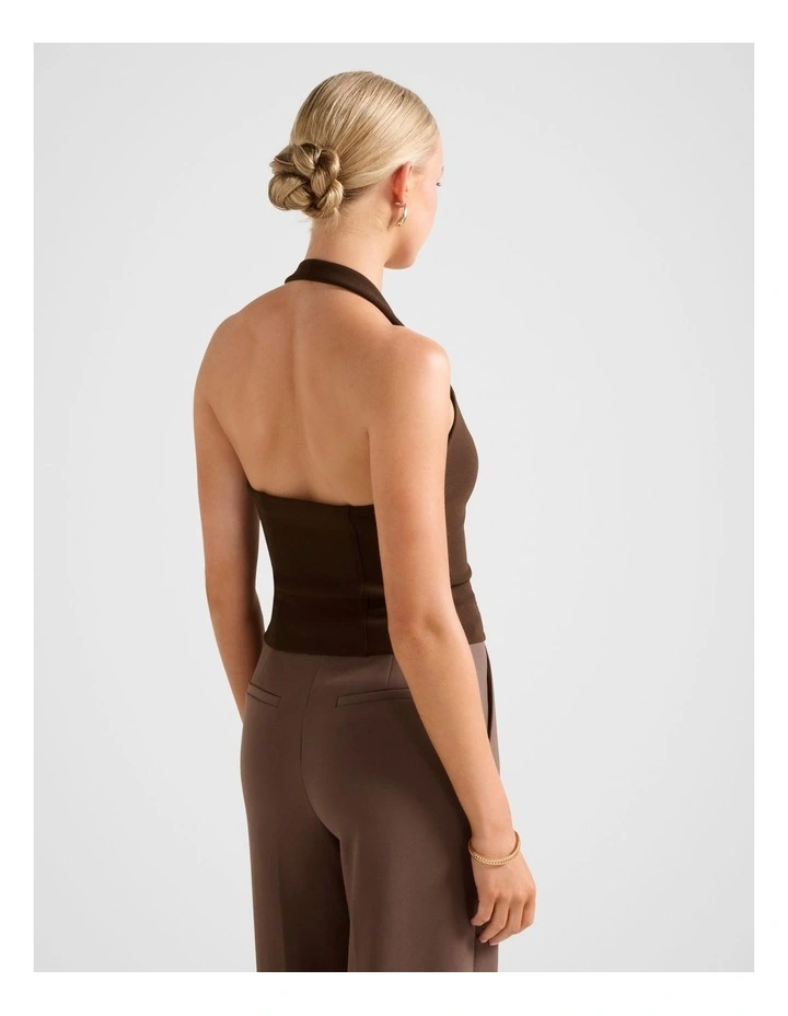 Elena Halter Neck Stitch Top in Brown image 2