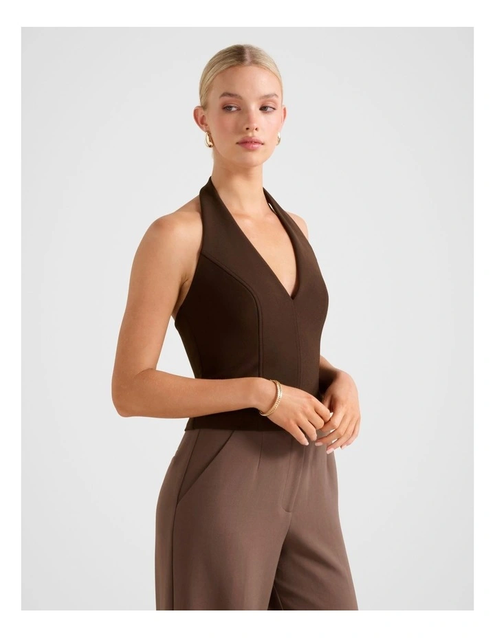 Elena Halter Neck Stitch Top in Brown image 3