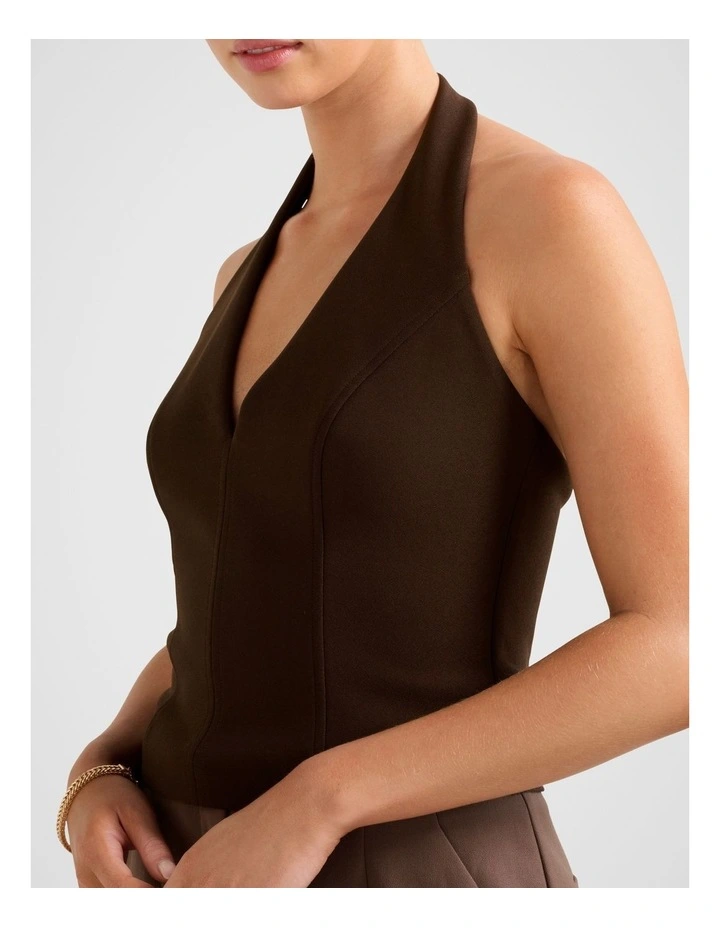 Elena Halter Neck Stitch Top in Brown image 4