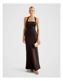 April Open Back Satin Maxi Dress in Brown