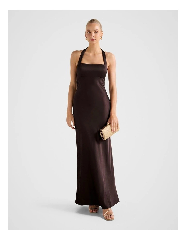 April Open Back Satin Maxi Dress in Brown image 1