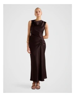 Ava Draped Satin Maxi Dress in Brown
