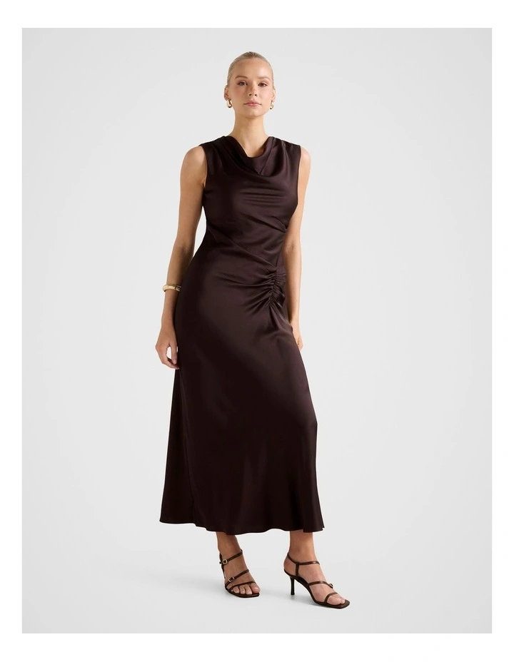 Ava Draped Satin Maxi Dress in Brown image 3