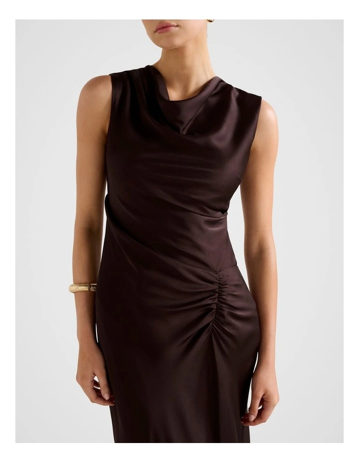 Ava Draped Satin Maxi Dress in Brown image 4