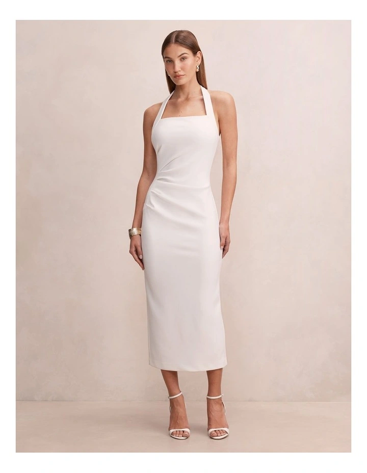 Georgie Halter Neck Ruched Bodycon Dress in White image 1