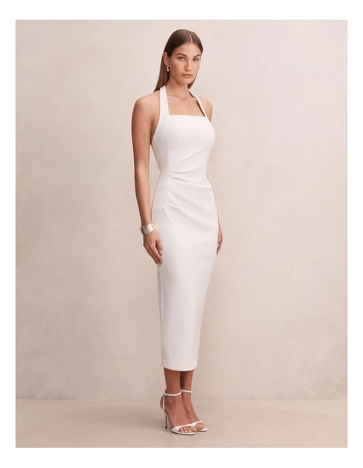 Georgie Halter Neck Ruched Bodycon Dress in White image 3