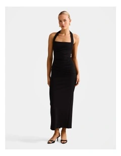 Georgie Halter Neck Ruched Bodycon Dress in Black