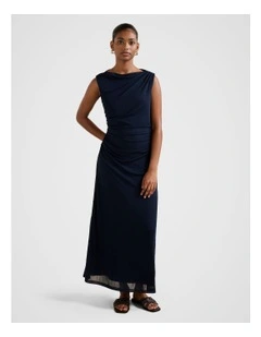 Ariel Gathered Mesh Midi Dress in Navy
