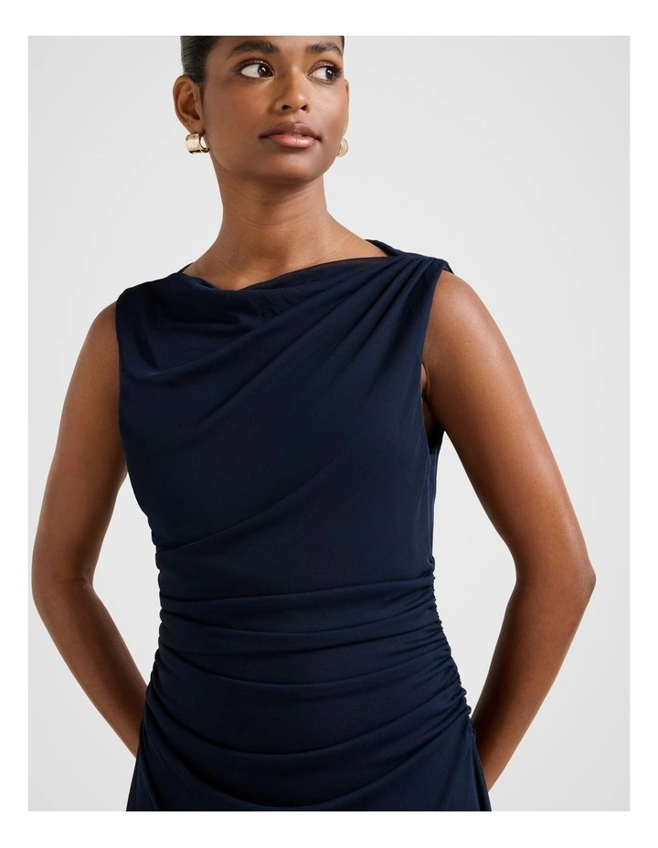 Ariel Gathered Mesh Midi Dress in Navy image 4
