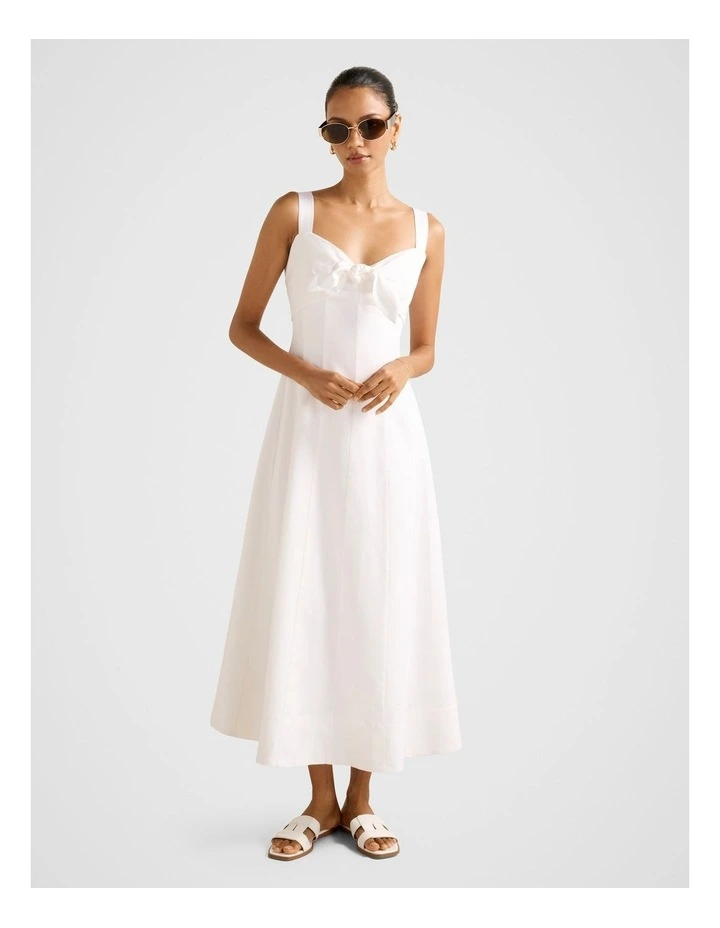 Kara Tie Front Linen Midi Dress in White image 1