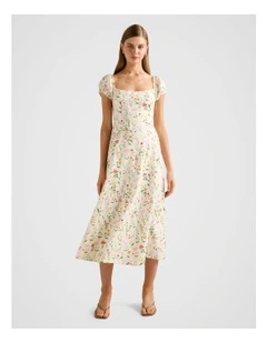 Sadie Cap Sleeves Linen Midi Dress in Multi