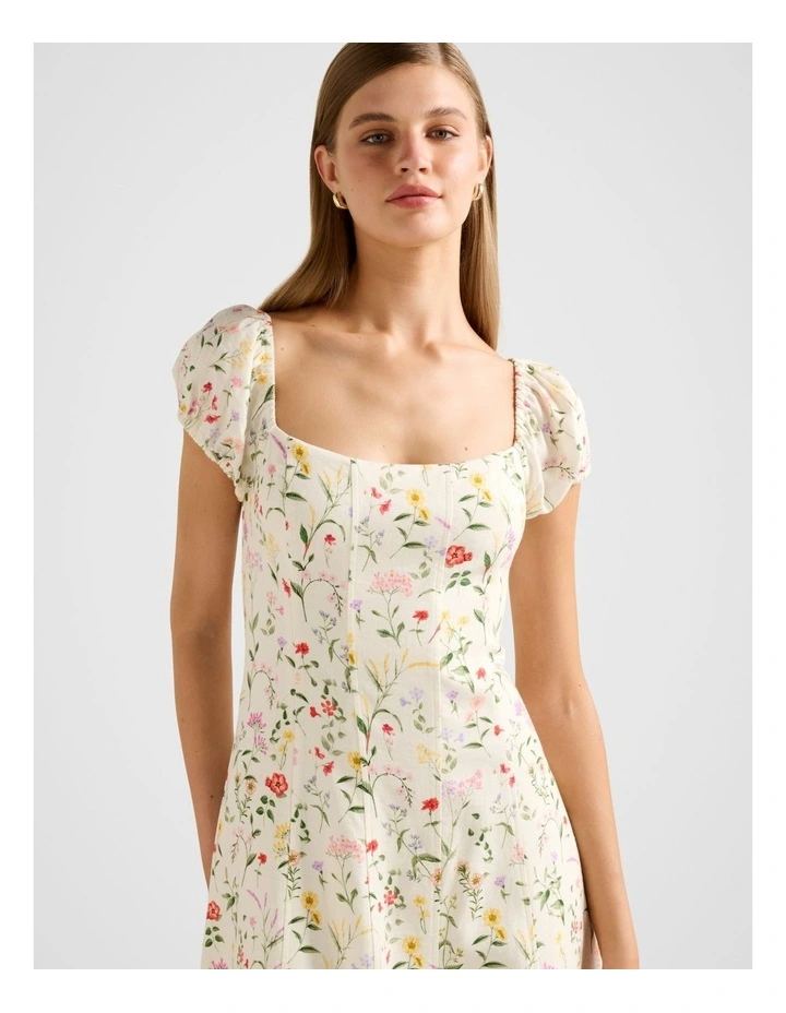 Sadie Cap Sleeves Linen Midi Dress in Multi image 4