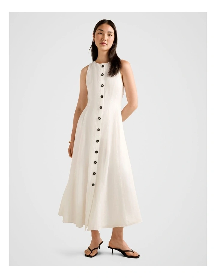 Pia Button Front Linen Midi Dress in White image 1