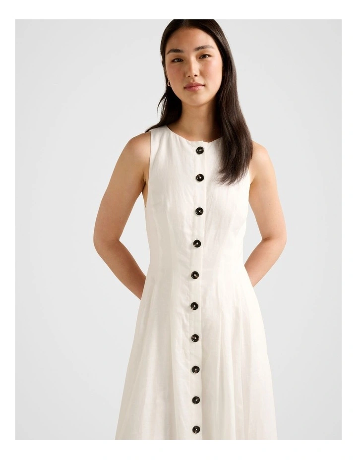 Pia Button Front Linen Midi Dress in White image 4