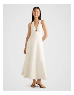 Angie Hardware Halter Neck Linen Midi Dress in White